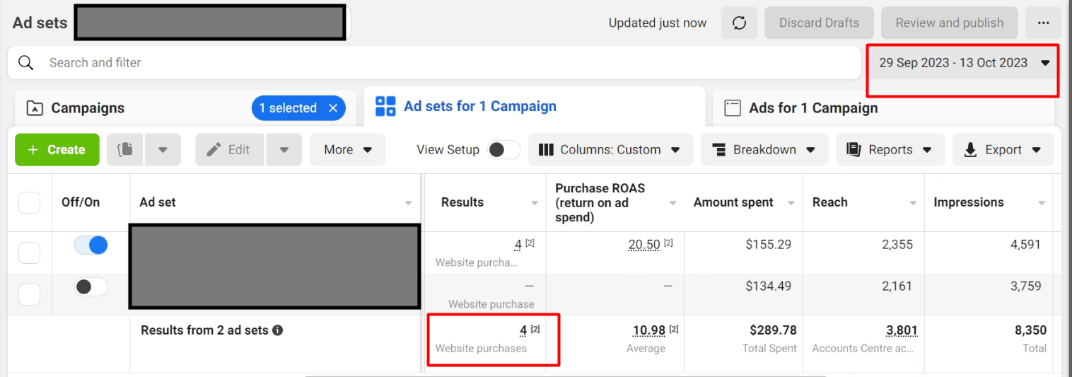 Anonymised Meta Ads ad-set report for a SaaS purchase campaign
