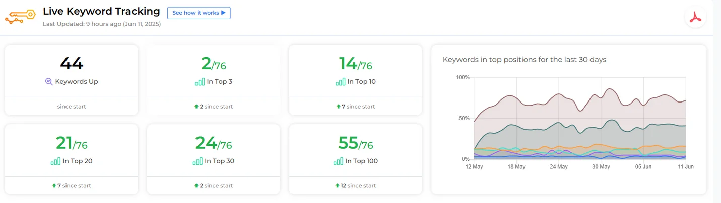 Anonymised keyword-tracking snapshot showing ranking positions and movement