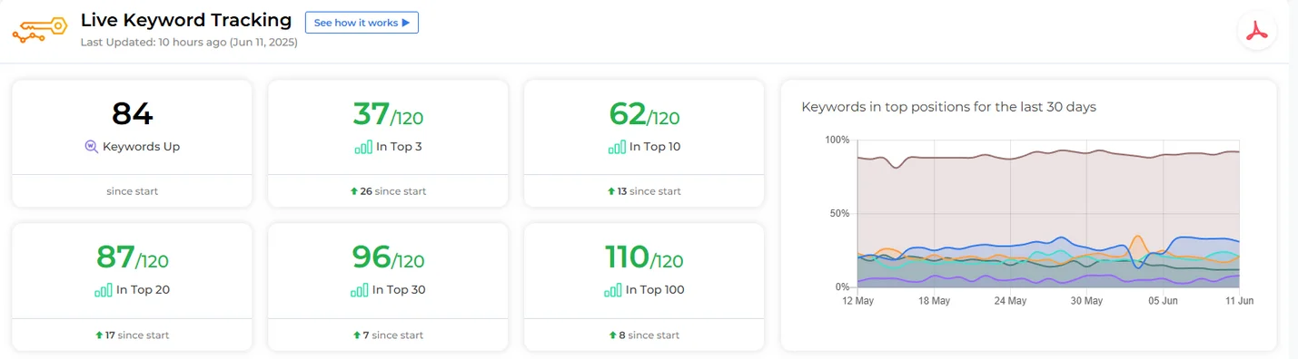 Anonymised keyword-tracking snapshot showing ranking positions and movement